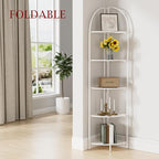 Crofy Foldable 5 Tier Corner Shelf, Metal Corner Plant Stand with White Frame and White Shelves, Corner Display Rack Multipurpose Shelving Unit for Living Room, Bedroom, Bathroom