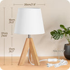 Small Tripod Table Lamp, Modern Nightstand Lamp with Fabric Shade, Boho Bedside Wood Desk Light for Bedroom, Kids Room, Living Room, Office, Study, White, W51TL05