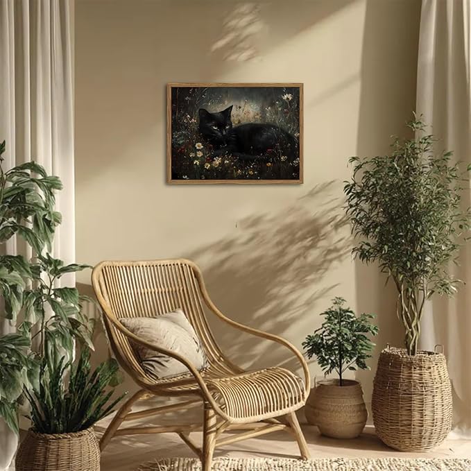 Framed Vintage Black Cat Canvas Wall Art, Gothic Dark Academia Cat Pictures Wall Decor, Moody Floral Animal Paintings Prints Cottagecore Home Decor for Living Room Bedroom Bathroom 12x16 inch