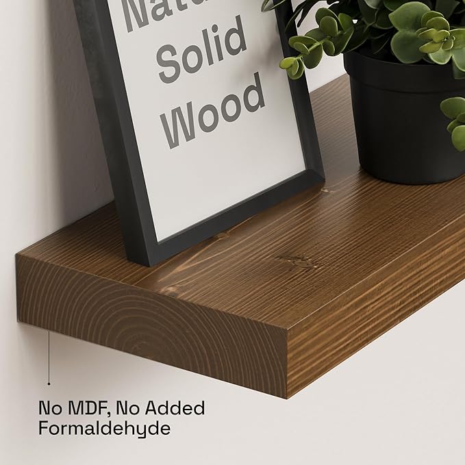 BAOBAB WORKSHOP Wood Floating Shelves for Wall Mounted, 16 inch Walnut Floating Shelf for Bathroom, Solid Wooden Wall Shelves for Kitchen Bedroom Farmhouse, Walnut Finish, 16 x 6.7, Set of 2