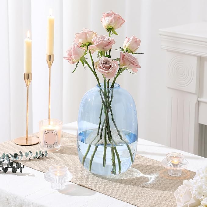 Blue Glass Vase, Large Glass Vase for Flowers, Tall Flower Vases, Modern Round Vases for Living Room, Bedroom, Kitchen, Mantle, Shelf, Wedding, Office, Entryway, 10 Inches