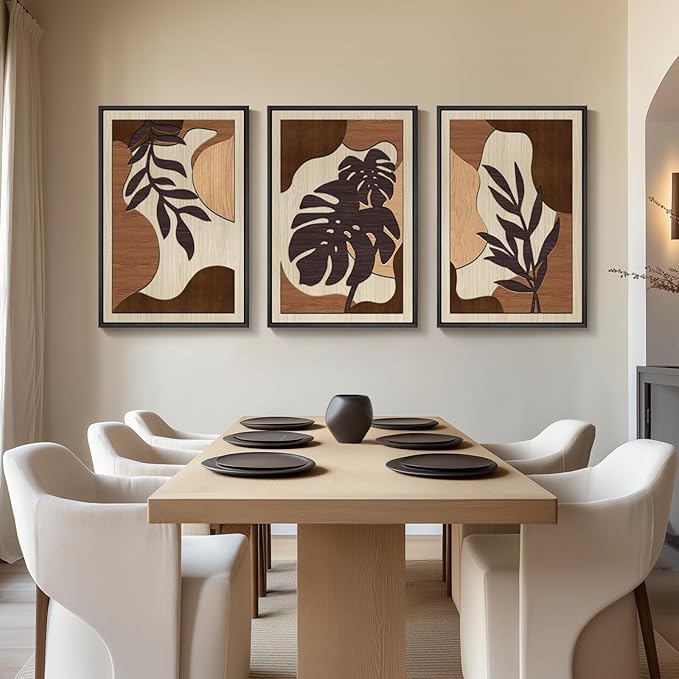 Framed 3D Wood Wall Art Decor for Living Room, 3 Piece Large Boho Tropical Textured Artwork for Walls, Botanical Wooden Wall Art for Dining Room Hallway Bedroom, 24x36 Inch
