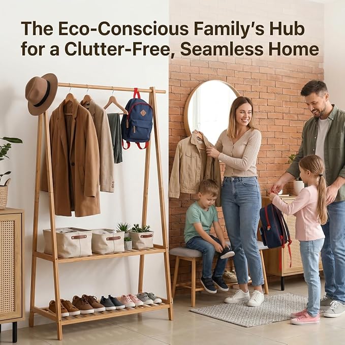 Finnhomy Bamboo Clothes Rack Portable Extra Large Garment Rack 2-Tire Storage Box Shelves For Entryway and Bed Room Patented Design