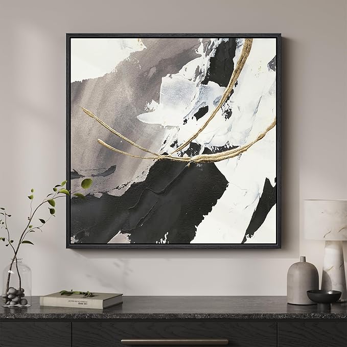 Framed Modern Black and White Abstract Wall Art, Square Contemporary Canvas Prints Artwork for Walls, Minimalist Gold Line Pictures for Bedroom Dining Room Lounge Living Room Office Wall Decor 24x24 In