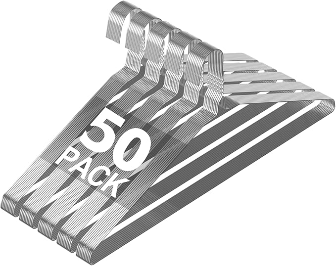 SPECILITE Wire Metal Clothes Hangers Bulk 50 Pack for Standard Size Suits, Coats, Shirts, Pants, Skirts, Space Saving, Non Slip,16 Inch 12 Gauge Ultra Thin, Silver