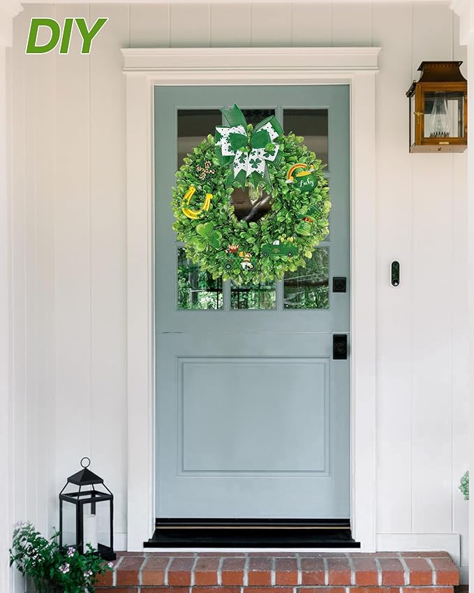 Vlorart 20 Inch Faux Round Boxwood Wreath, Weatherproof Wreaths for Front Door, Artificial Spring Summer Greenery Wreath with Sash for Farmhouse Wedding Year Round Indoor and Outdoor