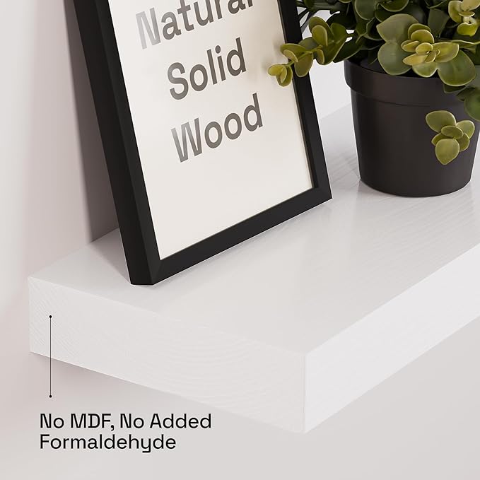 BAOBAB WORKSHOP Wood Floating Shelves for Bathroom Wall - White Shelves for Bedroom Kitchen Living Room - Solid Wood Shelves - White - 24 x 6.7 Inch, Set of 2