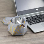 FREELOVE Concrete Ashtray with Lid & Stainless Steel Ashtrays for Cigarettes, Cement Ash Tray Smoking Holder Indoor Smokeless Outdoor Windproof Patio Home Office Cool Decor(Grey-Gold, Large)
