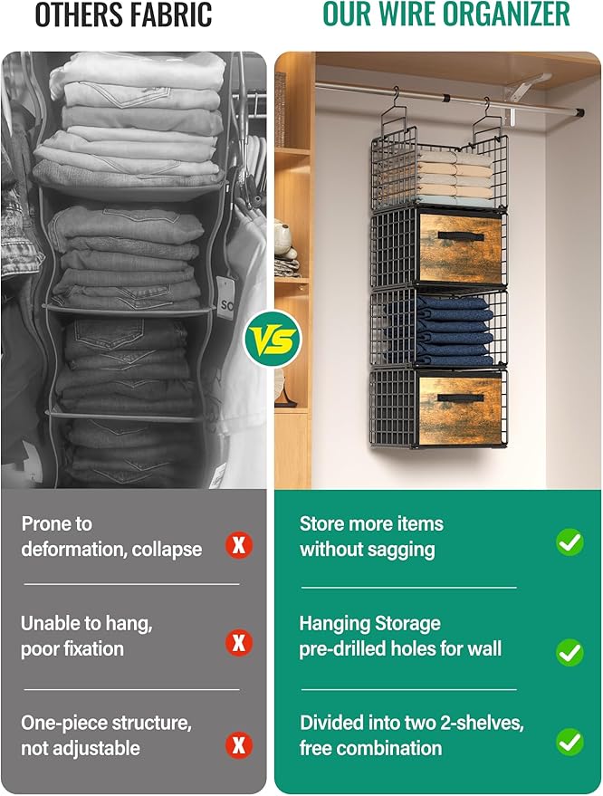 Hanging Closet Organizer with Drawers, 4 Tier Metal Closet Organizers and Storage with 4 Hanging Hooks 4 S-Hooks for Wardrobe Laundry Room, Wire Storage Shelf for Clothes Sweaters Pants (Black)