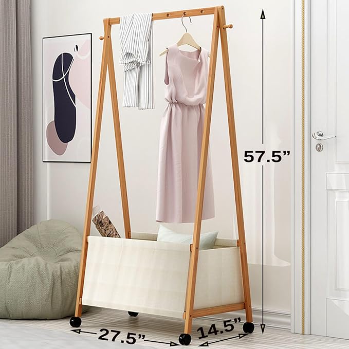 Bamboo Clothing Rack with Top Hanging Garment Rod, 2 Side Hooks & Bottom Fabric Storage Basket and 360° Rotating Wheels, Space-Saving Organizer for toys, Hats, Bags & folded clothes