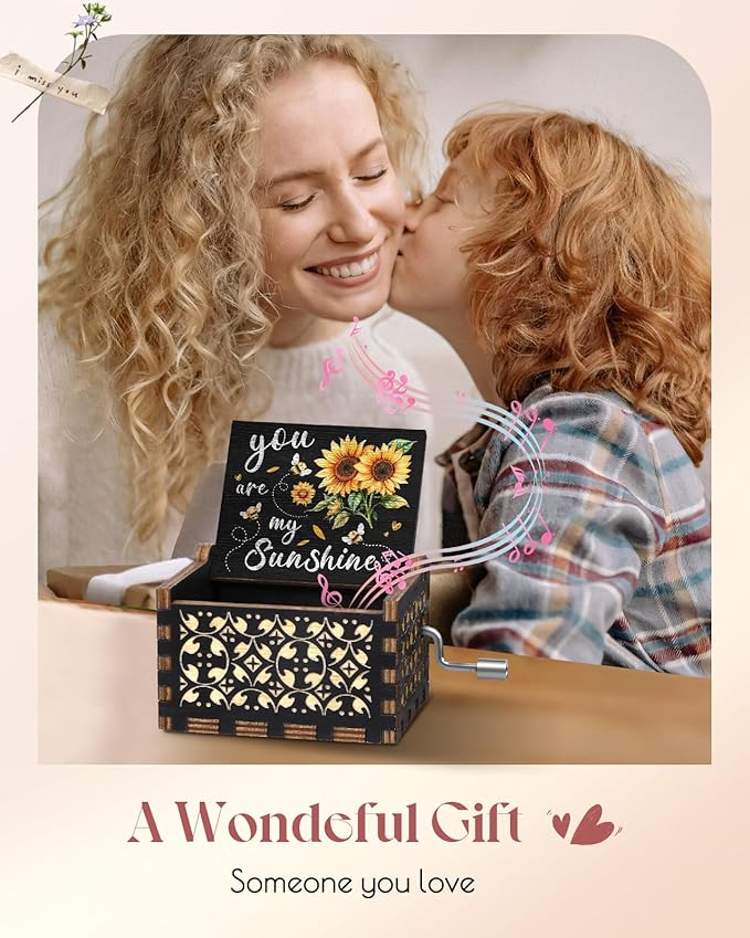 Swooflia You are My Sunshine Wooden Music Box for Mom with Sunflower Greeting Card - Hand Crank Engraved Musical Box Vintage Mechanism Personalized Gifts for Women On Birthday