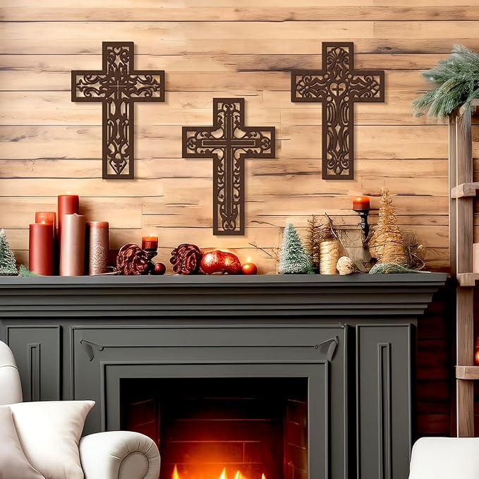 Bnesi 3 Pcs Wooden Cross Wall Art - Brown Carved Pattern Religious Crosses for Living Room, Church, Wedding, Office, Hospital