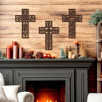 Bnesi 3 Pcs Wooden Cross Wall Art - Brown Carved Pattern Religious Crosses for Living Room, Church, Wedding, Office, Hospital