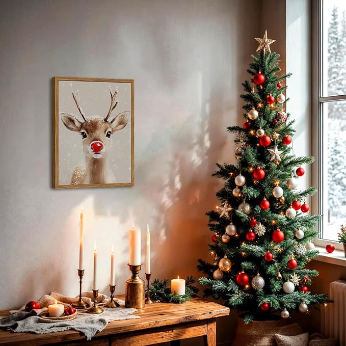 Framed Christmas Wall Art, Vintage Red Nose Reindeer Canvas Wall Decor Paintings, Rustic Winter Cute Deer Pictures Prints Farmhouse Home Decoration for Living Room Bedroom 12×16 inch