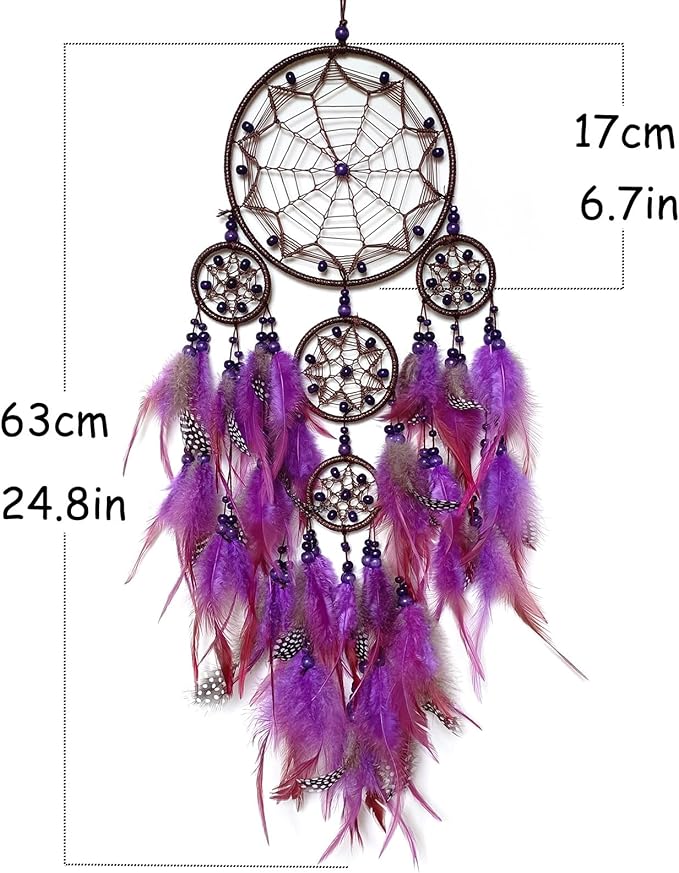 Large Dream Catcher Wall Decor Purple Dream Catchers with Wooden Bead Handmade Feather Dreamcatcher Wall Hanging Ornament for Bedroom Living Room Home Decor