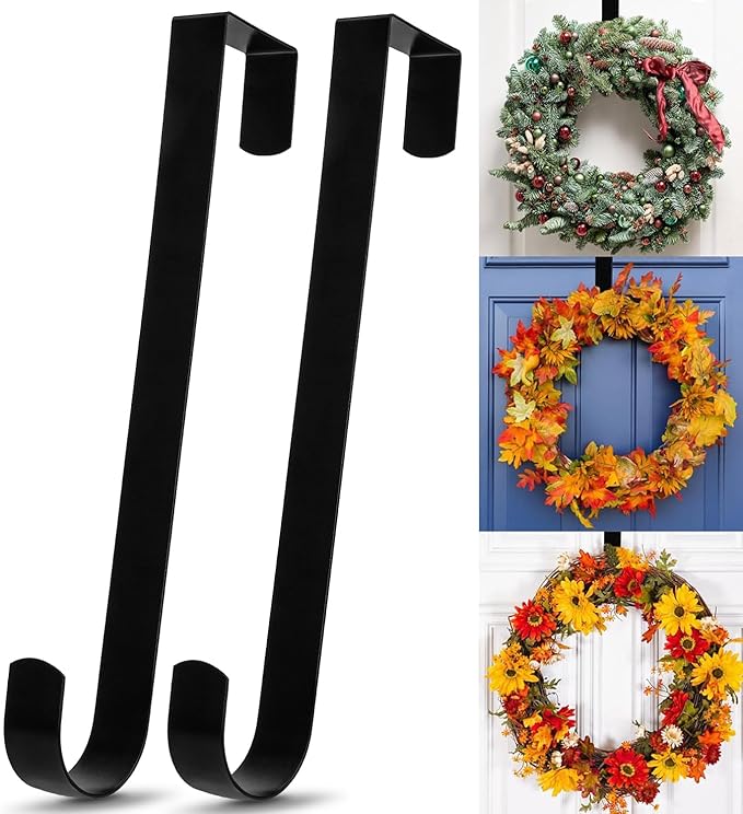 12 in Wreath Hanger for Front Door 2 Pack Black Wreath Hangers Over The Door Wreaths Hanger Hook Hangers Sturdy Hanging Hooks Christmas Fall Halloween Wreaths Decorations Wide