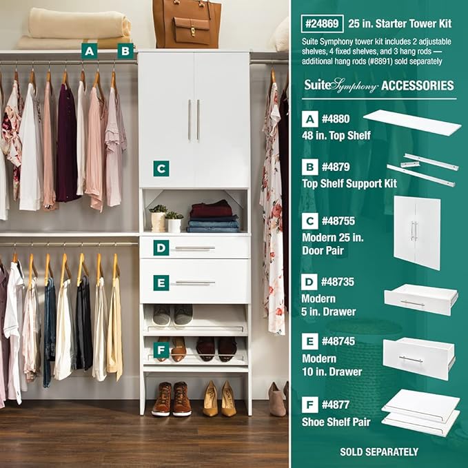 ClosetMaid SuiteSymphony Wood Closet Organizer System, 25-Inch Starter Kit with Tower and 3 Hang Rods and Shelving, Adjustable Shelves, Customizable Insert, Reach-in or Walk-in Closets, Pure White