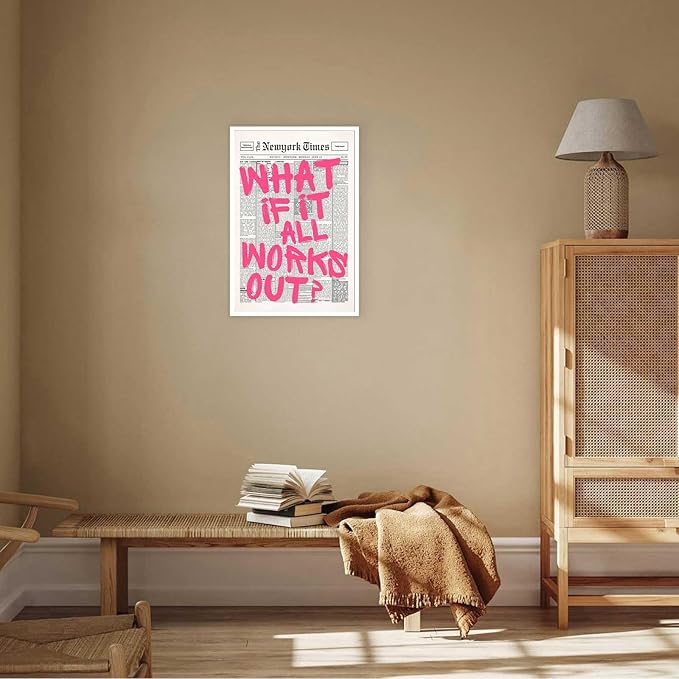 Drimiler Retro Newspaper Pink Font Poster What If It All Works Out Canvas Wall Art Positive Affirming Quote Minimalist Prints Painting For Home Bedroom Dorm Wall Decor 12x18in Unframed