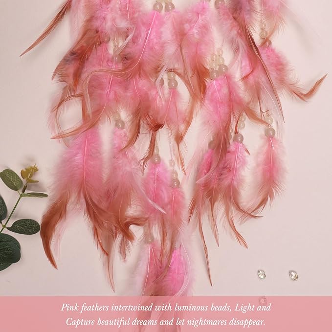 Pretty Jolly Pink Tree of Life Dream Catcher Wall Decor with Luminous Beads Handmade Crystal Stones Dreamcatchers Wall Hanging with Small Butterfly Pendant for Bedroom Wedding Party Wish Gift