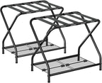 Set of 2 Luggage Rack with Storage Shelf, Foldable Suitcase Stand, Heavy Duty Metal Luggage Holder for Guest Room, Bedroom, Hotel, 150 lbs Top Capacity, 50 lbs Bottom Shelf LR-BK-2
