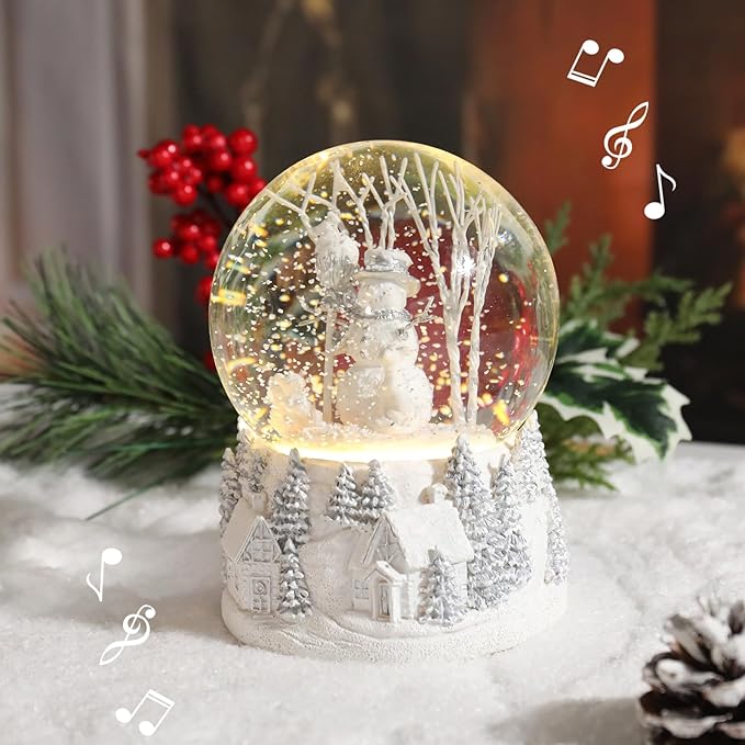 Christmas Snow Globe Musical Snowman Country Village Silver Xmas Tree White Water Snow Globes LED Light Change Music Box Home Christmas Decor for Kids Snowman Snow Globes