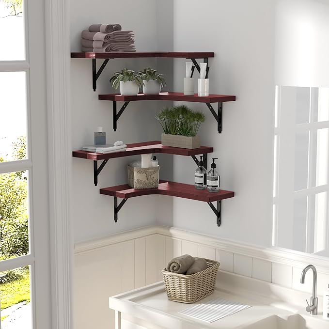 ROMGUAR CRAFT Corner Floating Shelves Wall Mounted Set of 4, Rustic Wood Storage Display Shelves for Home Decor, Bathroom, Kitchen, Bedroom, Living Room, Office (Red)