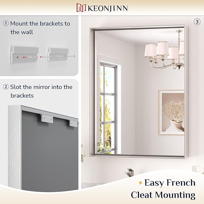 Keonjinn 55 x 36 in Brushed Nickel Bathroom Mirror for Over Sink, Rectangular Silver Metal Framed Rectangular Vanity Wall Mirror Square Corner Modern Farmhouse Rectangle Mirror(Horizontal/Vertical)
