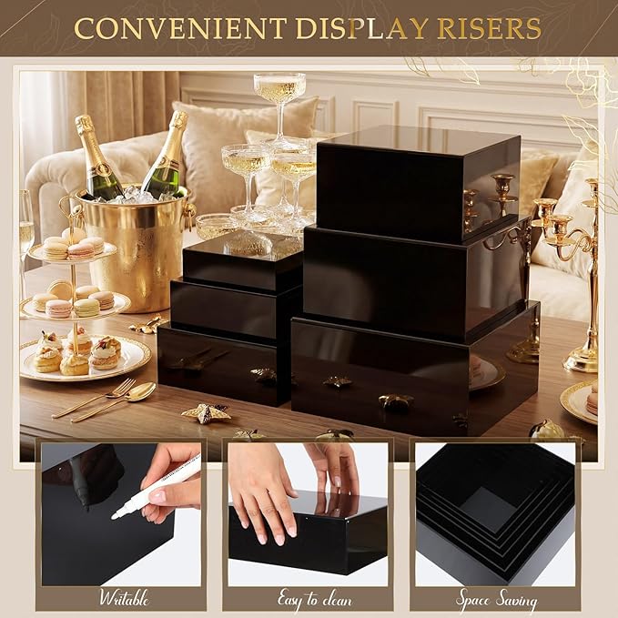 Geelin 6 Pack Acrylic Risers for Display Acrylic Cube Boxes Risers Display Stands with Hollow Bottoms Decorative Stand for Jewelry Candy Table Decor 6 Sizes(Black,7 to 12 Inch,Square)