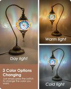 Yarra-Decor Turkish Moroccan Lamp with Bronze Base 3 Color Options Handmade Swan Neck Tiffany Mosaic Glass Bedside Lamps for Bedroom (LED Bulb Included)(1)