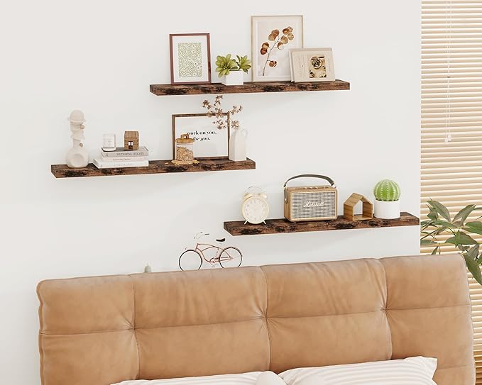 Fixwal 15.7in Floating Shelves, Set of 6 Wood Shelves, Farmhouse Shelf Wall Decor for Bathroom, Bedroom, Living and Kitchen Room (Rustic Brown)