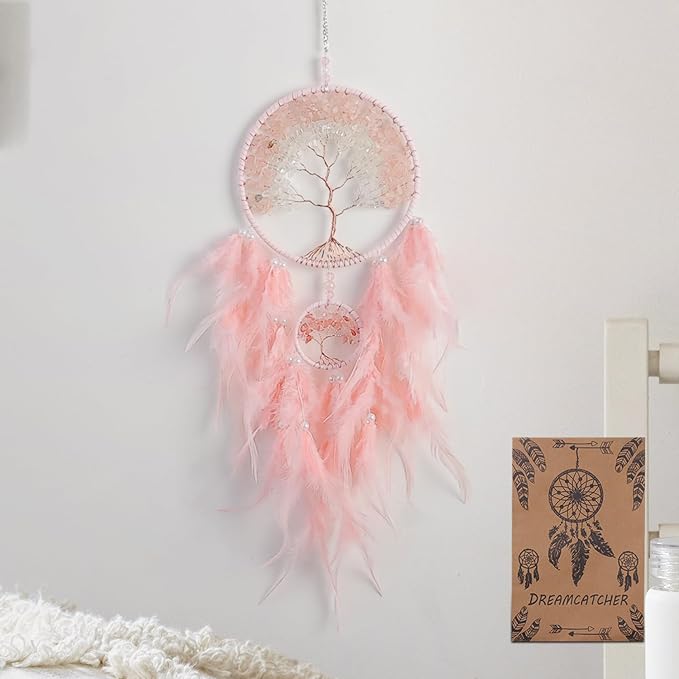 Dream Catcher, Handmade Dreamcatcher with Healing Crystal Stone, Tree of Life Dream Catchers Hanging Ornament for Home Bedroom Birthday Party, Perfect Craft Gift for Kids (Double Pink)