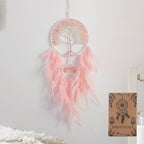 Dream Catcher, Handmade Dreamcatcher with Healing Crystal Stone, Tree of Life Dream Catchers Hanging Ornament for Home Bedroom Birthday Party, Perfect Craft Gift for Kids (Double Pink)