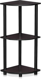 Furinno TURN-N-TUBE Corner Shelf, 3-Tier Corner Bookshelf, Display Storage Shelves with Open Shelves, for Organization and Storage, Living Room, Home Office, Garage, Dark Walnut