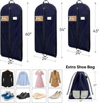 BALEINE 5PK Heavy Duty Garment Bag with Shoe Storage Travel Bag for Dresses, Suit, Coats Travel Essential (43", Blue)