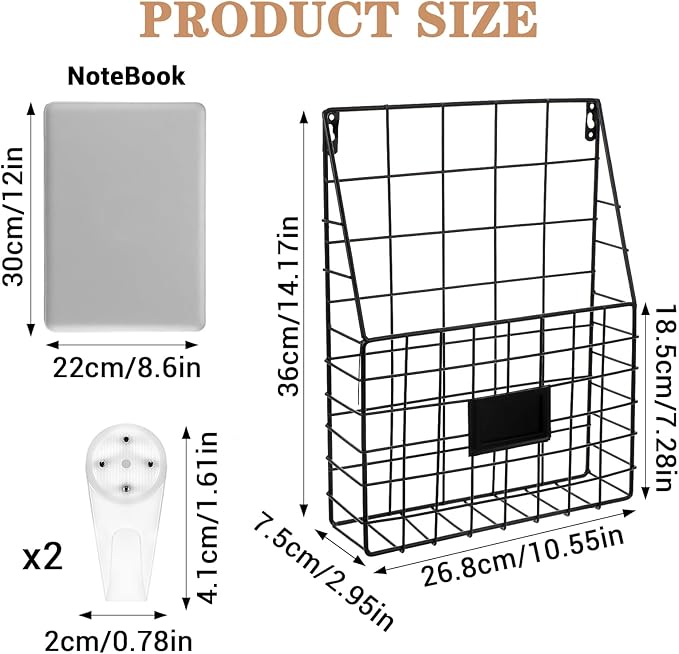 1 Pc Storage Racks, Metal Wire Wall Mounted Magazine Holder, Wall Hanging Organizer holder for Mail Files, Newspapers, Magazines with Tag Slot for Office, Home Organization, Black