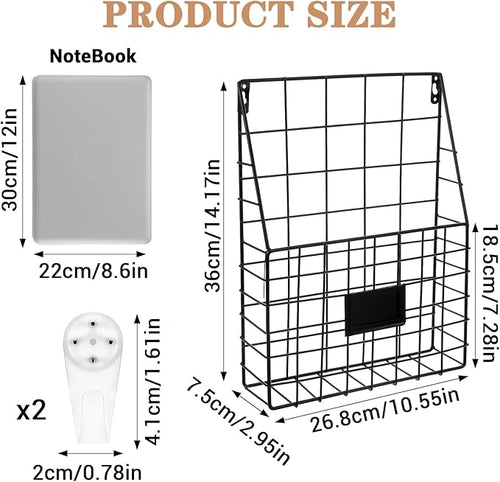 1 Pc Storage Racks, Metal Wire Wall Mounted Magazine Holder, Wall Hanging Organizer holder for Mail Files, Newspapers, Magazines with Tag Slot for Office, Home Organization, Black