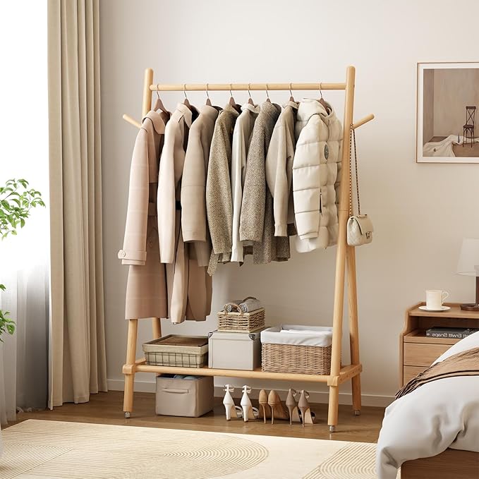 Solid Wood Clothing Rack, Rolling Clothes Rack for Hanging Clothes, Garment Rack with Shelves Load 350 Lbs, Portable Closet Organizer on Wheels for Hanging Clothes (Natural)