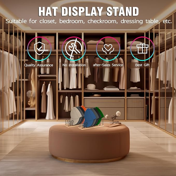 Hat Organizer for Baseball Caps-2 PacK | Wood & Metal Hat Rack Holds 14 for Baseball Caps | Space-Saving Closet Shelf Organizer for Bedroom, Dresser, Entryway