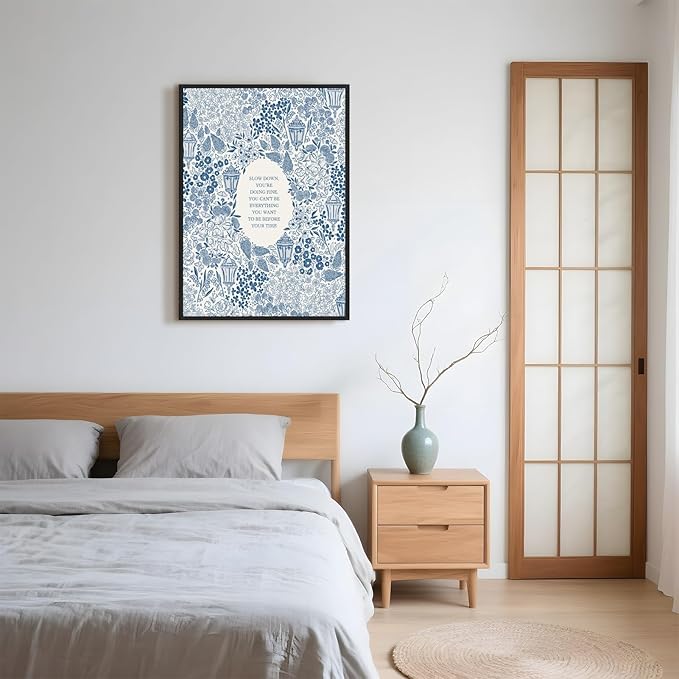 Framed Slow Down Youre Doing Fine Music Posters Motivational Quote Wall Art Blue Victorian Floral Inspirational Canvas Print Vintage Aesthetic Positive Affirmation Office Home Calming Decor 8x12inch