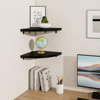 Fun Memories Corner Shelf Wall Mount Set of 2 - Solid Oak Wood Floating Corner Shelf with Cable Hole, 10in Rustic Design for Bedroom, Living Room, Kitchen (Black)