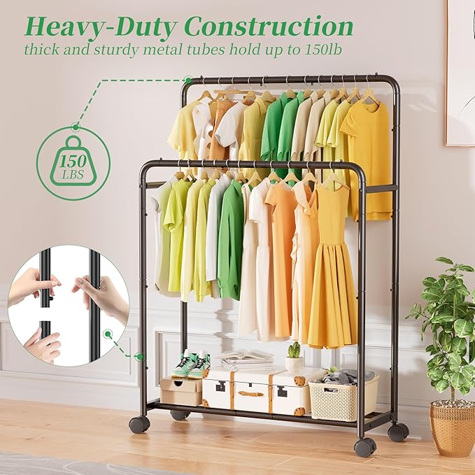 Simple Trending Clothing Clothes Rack Double Rods with Wheels, Rolling Metal Garment Rack for Hanging, Black