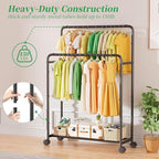 Simple Trending Clothing Clothes Rack Double Rods with Wheels, Rolling Metal Garment Rack for Hanging, Black
