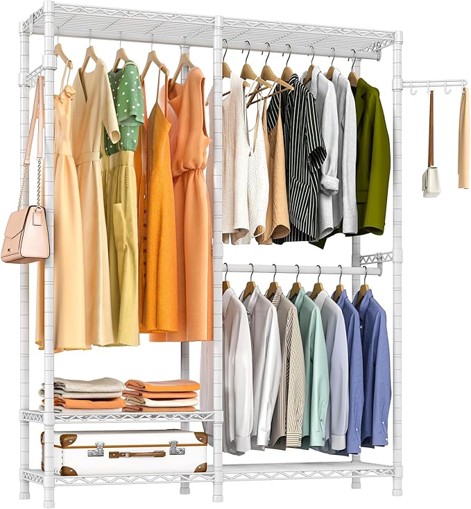 Heavy Duty Garment Rack, Metal Closet Organizers and Storage Clothing Racks 3 Tiers Adjustable Wire Shelving with 2 Hanger Rods and Side Hooks, 44.7" Lx16.5 Wx76.8 H, Max Load 800LBS, White