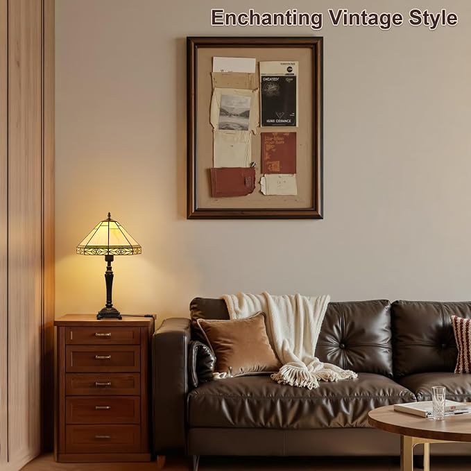 Table Lamp with Stained Glass Shade, Vintage Style Desk Lamp, Mid Century Modern Bedside Nightstand Decorative Lamps with Rocker Switch, Unique Accent Light for Bedroom Living Room Office (E26 Base)