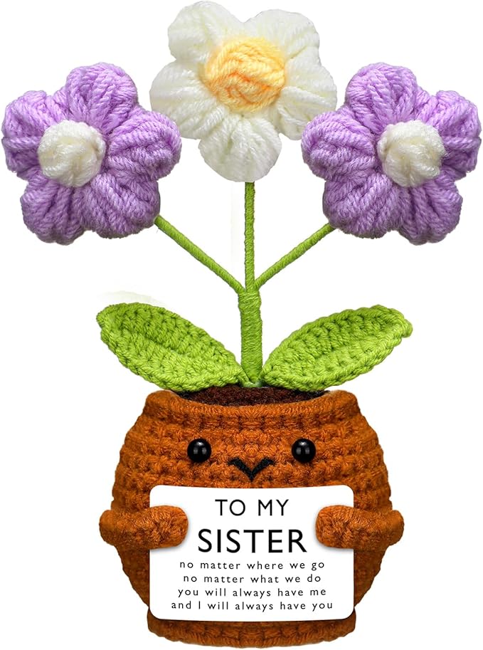 Wavwavw Sister Gifts Handmade Crochet Doll with Card Crochet Present for Sisters Sis Big Little Sister Birthday Wedding Home Decor(Purple Flowers)