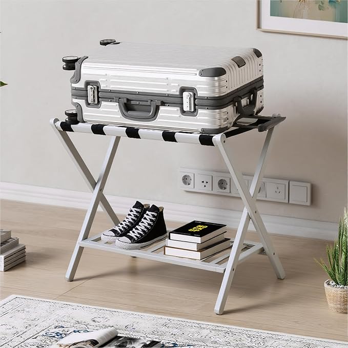 Bamboo Luggage Rack with Shoe Shelf Folding Suitcase Stand with 5 Heavy-Duty Straps for Guest Room Living Room Hotel Ideal Luggage Holder for Suitcases Bags Shoes,White