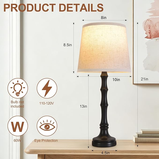 Lamps Set of 2 Modern Farmhouse Table Lamp Bedside Reading Lamps Living Room End Tables Set Lamps for Night Stands Bedroom Night Lamp,High 27 Inch,Black,With Fabric Lamp Shade,Bulb Not Included