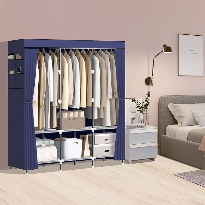LOKEME Wardrobe Closet,Portable Closet for Bedroom Steel Pipe Diameter 19mm Strong and Sturdy Navy Blue Portable Closets for Hanging Clothes with 3 Hanging rods, 6 Storage Shelves and Side Pocket
