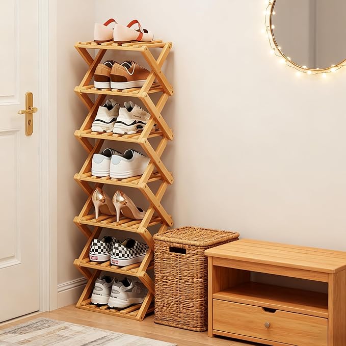 Simcat Bamboo Shoe Rack, Portable Folding Shoe Storage Rack,No Installation Free Standing Shoe Rack for Entryway, Closet, Dorm/Small Spaces (7 Tier)