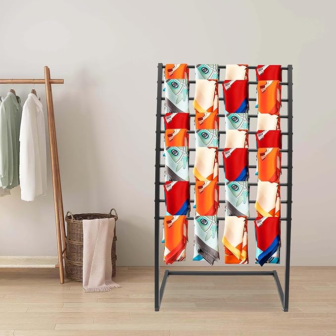 Scarf Display Stand, 10 Tier Metal Scarf Holder Organizer, Freestanding Scarf Rack, for Hanging Towels, Scarves, Clothes, Shawls, Blankets, Bandana, for Commercial Clothing Retail Store (Black)